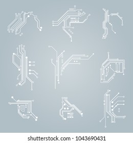 Circuit Board Elements White Thin Line Icon Set on a Gray Background. Vector illustration of Graphic Design Digital Electronic Element