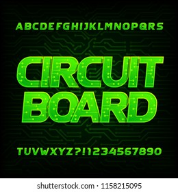 Circuit Board Font. Vector Alphabet. Digital Hi-tech Style Letters And Numbers. Dark Green Electronic Background.