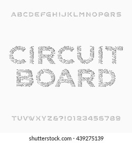 Circuit board font. Vector Alphabet. Digital hi-tech style letters and numbers. Typeface for your design.