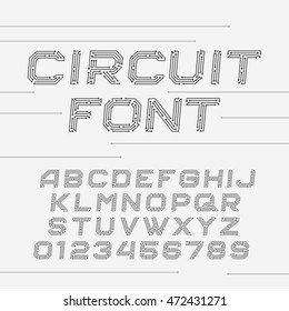 Circuit board font. Vector Alphabet. Digital hi-tech style oblique letters and numbers.