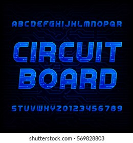 Circuit board font. Vector Alphabet. Digital hi-tech style letters and numbers. Dark high-tech background.