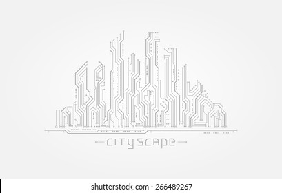 Circuit board in the form of city silhouette. Abstract cityscape isolated on white background. Vector illustration