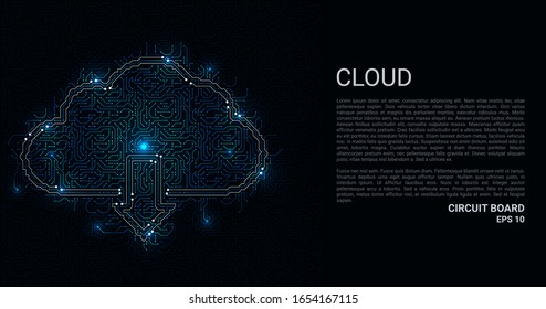 A circuit Board in the form of a cloud. Microchip cloud with arrow background. High-tech vector illustration of a cloud of chips. Electronic board.