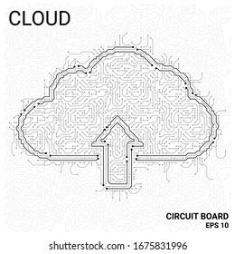 Circuit Board in the form of a cloud. Microchip cloud-based technology background. High- tech vector illustration of a cloud made of chips. Electronic Board on a white background.