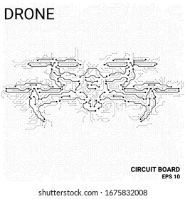 Circuit Board in the form of a drone. Microchip drone background. High- tech vector illustration of a drone made of microchips. Electronic Board on a white background.