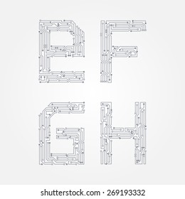 Circuit board in the form of E, F, G, H letters. Vector alphabet