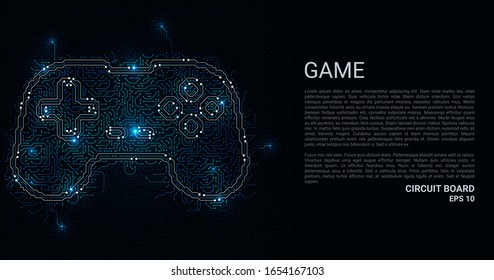 Circuit Board in the form of a game. Microchip gamepad background. High-tech vector illustration of a game made of chips. Electronic board.