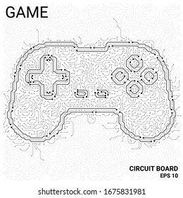 Circuit Board in the form of a game. Microchip gamepad background. High- tech vector illustration game made of chips. Electronic Board on a white background.