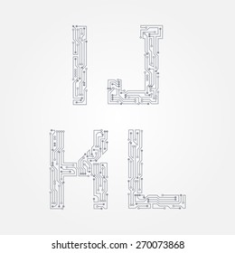 Circuit Board In The Form Of I, J, K, L Letters. Vector Alphabet
