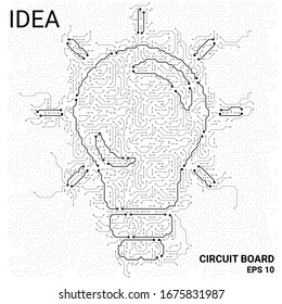 Circuit Board in the form of an idea. A microchip light background. High- tech vector illustration of an idea from microchips. Electronic Board on a white background.