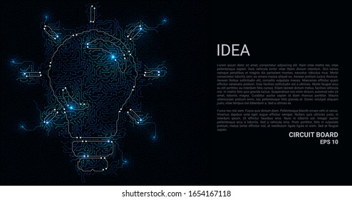 Circuit Board in the form of a light bulb. The microchip idea background. High-tech vector illustration of an idea made of chips. Electronic board.