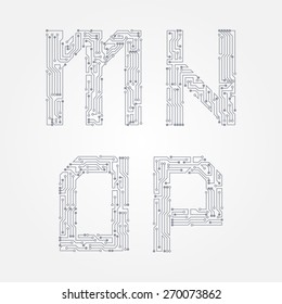 Circuit board in the form of M, N, O, P letters. Vector alphabet