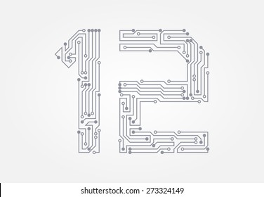 Circuit board in the form of numbers. Set of numerals one and two. Vector illustration