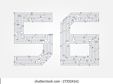 Circuit board in the form of numbers. Set of numerals five and six. Vector illustration