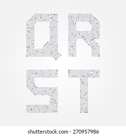 Circuit board in the form of Q, R, S, T letters. Vector alphabet