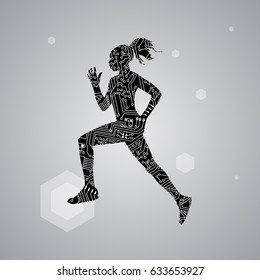 Circuit board in form of running girl on gray background, technology illustration. Vector illustration