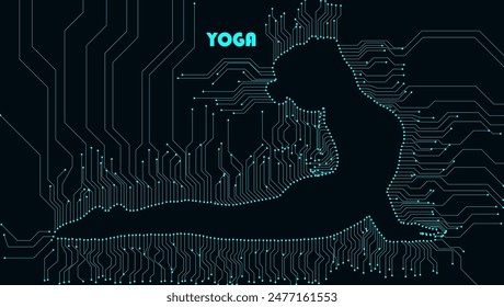 Circuit Board Form Woman Yoga Poses It shows a silhouette of a woman in a yoga pose.The woman is in Vrksasana pose,also known as Tree Pose.This is a balancing pose that strengthens the legs,ankle,core