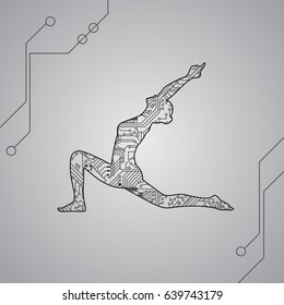 Circuit board in form of woman in the yoga poses on gray background, technology illustration. Vector illustration