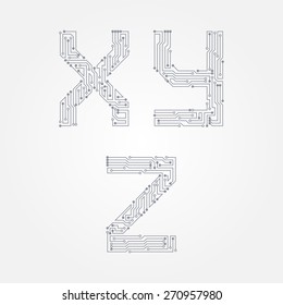 Circuit board in the form of X, Y, Z letters. Vector alphabet