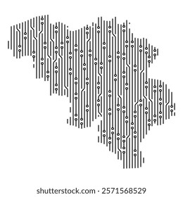 Circuit board forming the map of Belgium, representing technological innovation, digital network, and global communication