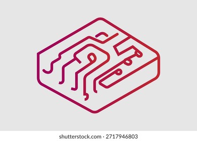 Un fragmento de placa de circuito o componente electrónico que muestra vías conductoras simplificadas.
