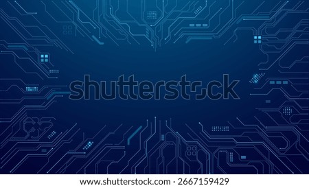 Circuit board frame with an empty place in the center on a technology blue background. AI innovation concept. Tech template for web and presentations. Digital vector illustration