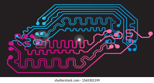 Circuit board futuristic code processing. Red, blue technology on black background