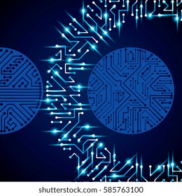 Circuit board futuristic cybernetic texture with sparkles, information communication technology vector background with flash effect. Computer motherboard web design.