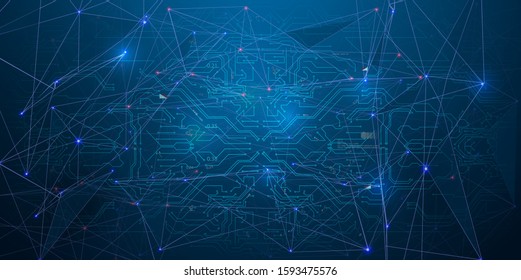 Circuit board futuristic server code processing. Abstract tech design background. Abstract technology circuit board, vector background. High tech technology geometric and connection system background