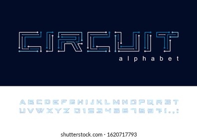 Circuit board geometric font. Digital technology, futuristic, future techno alphabet. Letters and numbers for computer electronic chip, tech logo design. Modern blue color minimalistic vector typeface