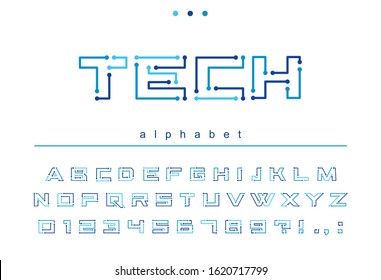 Circuit board geometric font. Digital technology, futuristic, future techno alphabet. Letters and numbers for computer electronic chip, tech logo design. Modern blue color minimalistic vector typeface