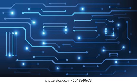 circuit board with glowing light on blue background