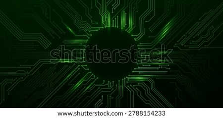 Circuit board green border. Circuit lines and dots connected to circle frame. Digital electronic technology vector background. Central computer processor CPU concept. Artificial intelligence chip core