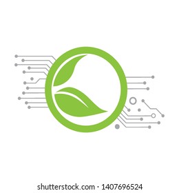 circuit board and green leafs, logo icon