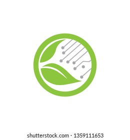 circuit board and green leaves, logo icon