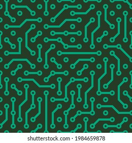 Circuit Board Green Seamless Pattern Background. Vector