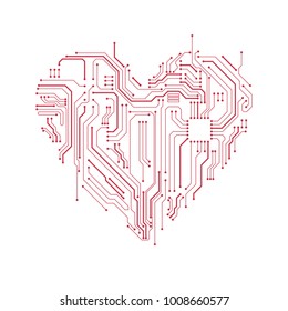 Circuit board heart symbol. Valentine's day vector card. Computer heart with motherboard elements