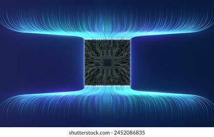 Circuit board with high-speed wireless data lines. Concept of visualization big data, central computer processor, Internet network.