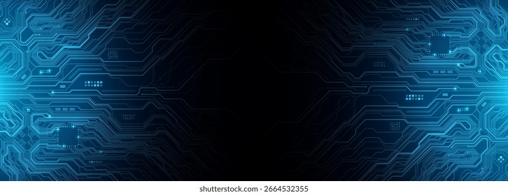 Plano de fundo do banner da web horizontal da placa de circuito. Chip de IA de tecnologia azul e fios de linha fina, e componentes da motherboard do computador. Padrão tecnológico futurista ou textura em azul escuro. Ilustração vetorial