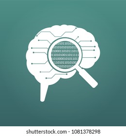 circuit board human brain. Concept illustration of cpu in the center of computer system. Matrix in magnifying glass. vector illystration isolated on modern background.