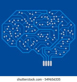 Circuit board with a human brain shape. Blue abstract electronic plate.