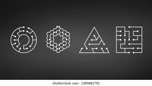 Circuit Board Icon. Abstract Shapes Of Square, Circle, Triangle, Hexagon IT Maze. Technology Symbol. Computer Software Concept. Power Elements. Flat Design. Vector Illustration.