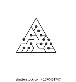 Circuit board icon. abstract triangle shape IT maze. Technology symbol. Computer software concept. Power elements. Flat design. Vector Illustration.
