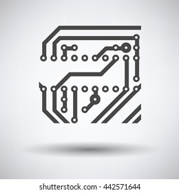 Circuit board icon on gray background, round shadow. Vector illustration.