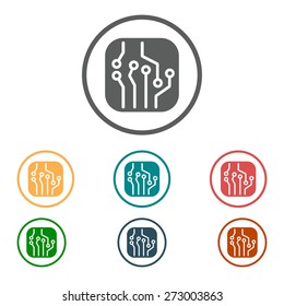 Circuit board  icon. Technology scheme square symbol. Flat design style.