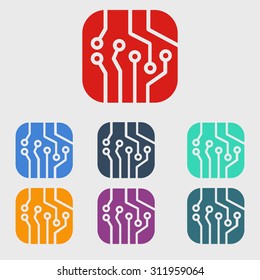 Circuit board  icon. Technology scheme square symbol. Flat design style.