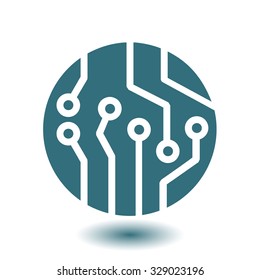Circuit board  icon. Technology scheme circle symbol. Flat design style.