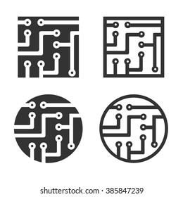 Circuit board icons in square and round shapes Vector Illustration. Set of tech circuits