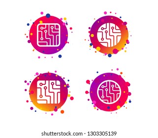Circuit board icons. Technology scheme circles and squares sign symbols. Gradient circle buttons with icons. Random dots design. Vector