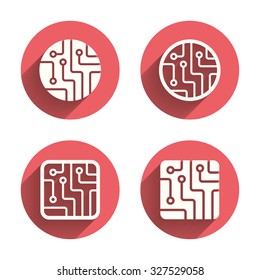 Circuit board icons. Technology scheme circles and squares sign symbols. Pink circles flat buttons with shadow. Vector